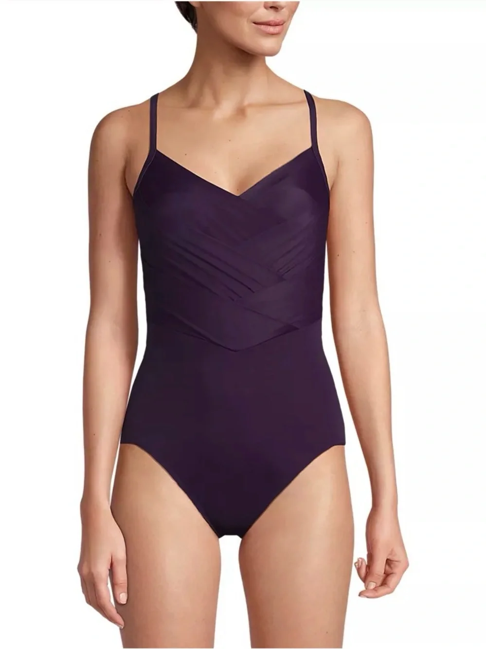 Lands' End Women's New SlenderSuit Pleated Low Leg One Piece Swimsuit